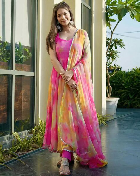 Women Tie & Dye Anarkali Kurta Suit Set Price in India