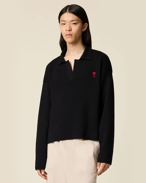 Buy Ami Paris Cotton Boxy Fit Polo T-Shirt | Black Color Men