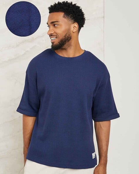 Men Waffle Knit Oversized T-Shirt with Turn Up Sleeve