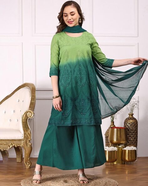 Women Embroidered A-Line Kurta Set with Dupatta Price in India