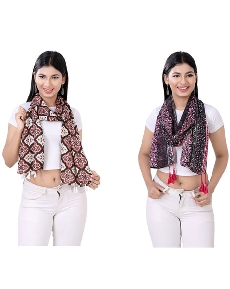 Pack of 2 Women Printed Scarves with Tassels Price in India