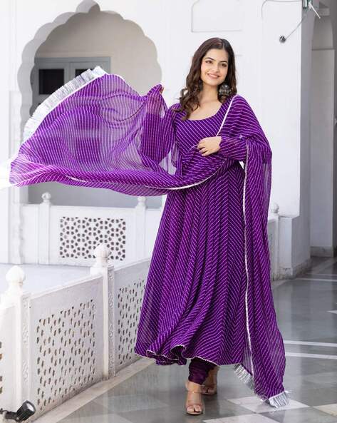 Women Leheriya Print Anarkali Kurta Suit Set Price in India