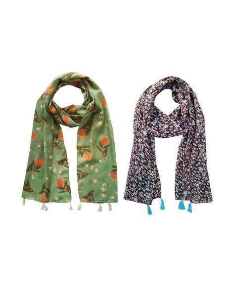 Pack of 2 Women Floral Print Scarves with Tassels Price in India