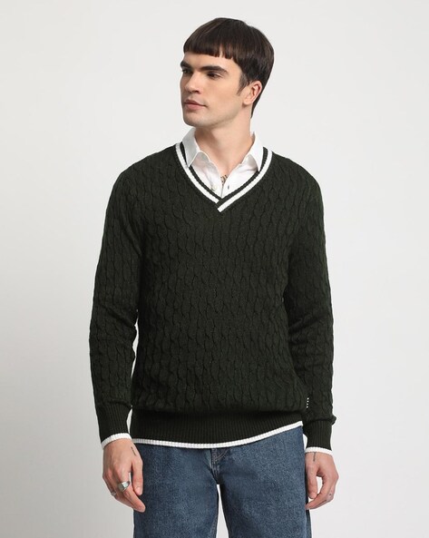 Men Striped Relaxed Fit V-Neck Pullover