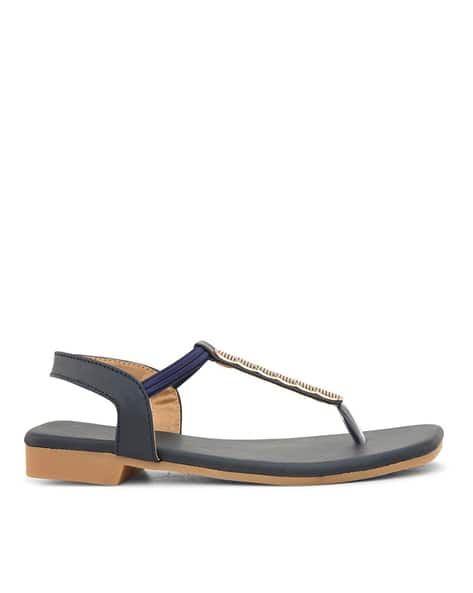 T Strap Blue Leather Sandals Womens Women Embellished T-Strap Flat