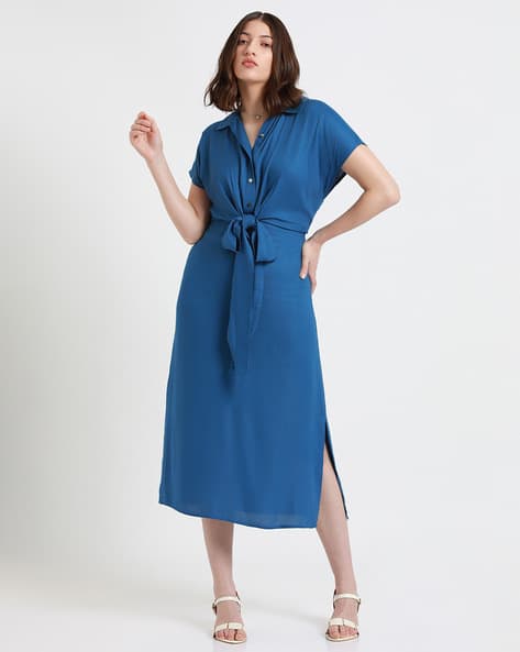 Women Striped Shirt Dress with Tie-Up Waist