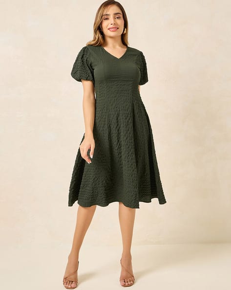 sachin and babi light blue dress Order Online Midi Olive Green Dress Pleated Design, Loose Fit main image 0