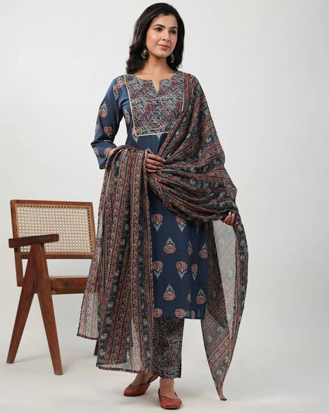 Women Block Print Straight Kurta Suit Set Price in India