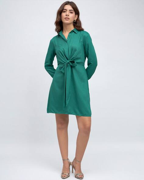Women Shirt Dress with Tie-Up Waist