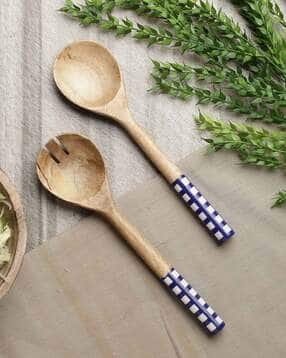 the decor mart Set of 2 Checked Serving Wooden Cutleries-picture-23