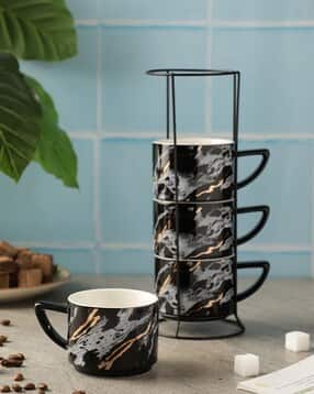 Set of 4 Printed Ceramic Mugs with Stand