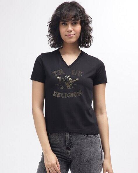 V Neck True Religion Ladies T Shirts Brand Print Regular Fit V