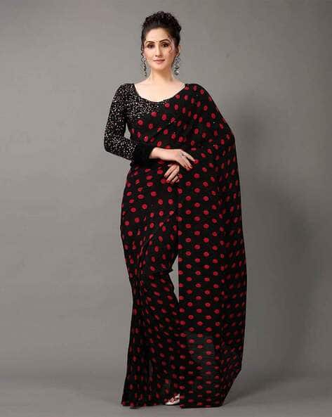 Polka Dot Print Crushed Poly Georgette Saree with Unstitched Blouse Piece