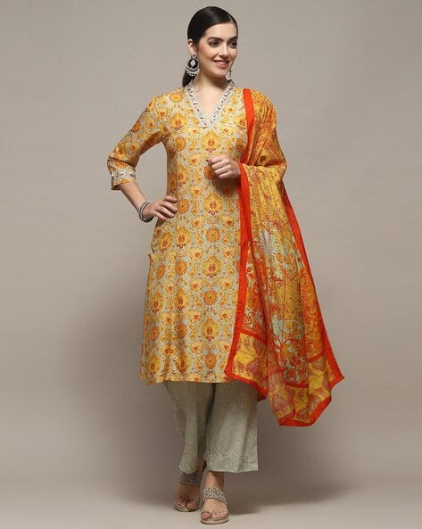 Biba Mango Yellow BlendedStraight Kurta suit set
