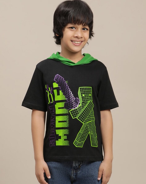 Boys Minecraft Print Regular Fit Hooded T Shirt