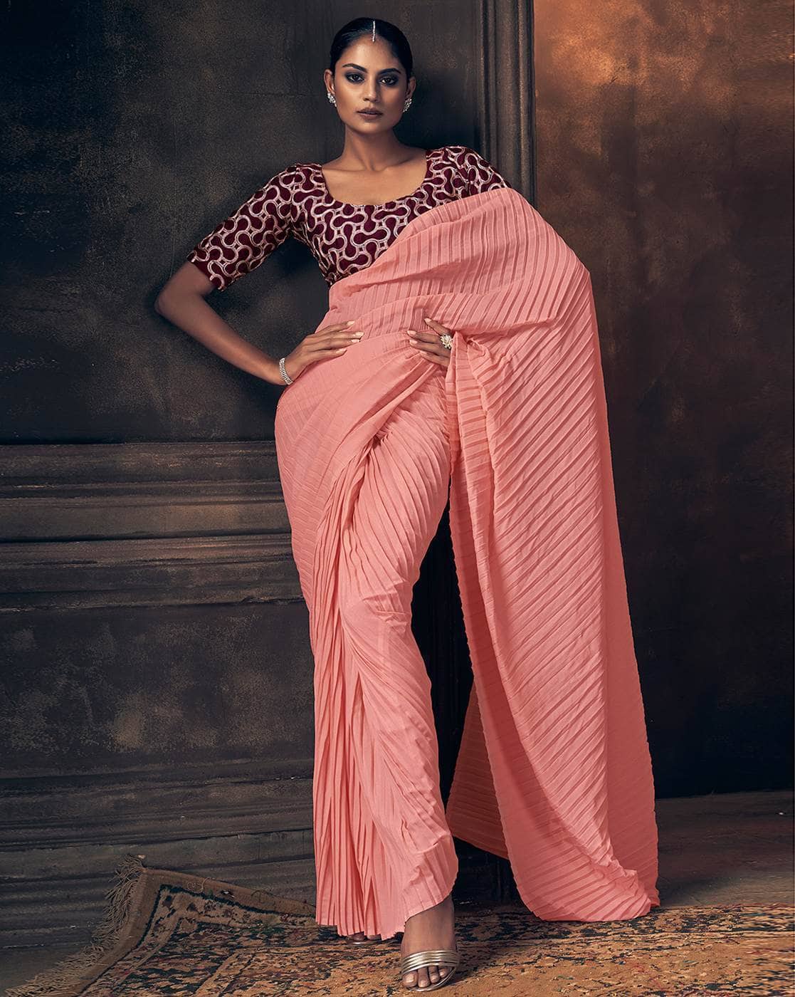 light peach saree with contrast blouse