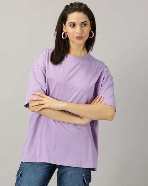 Women Cotton Solid Oversized Drop shoulder T-Shirt