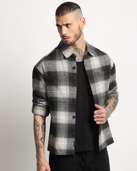 Men Checked Relaxed Fit Shacket with Single-Button Cuffs