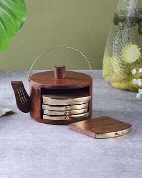the decor mart Set of 6 Wooden Kettle Coasters with Stand-picture-17