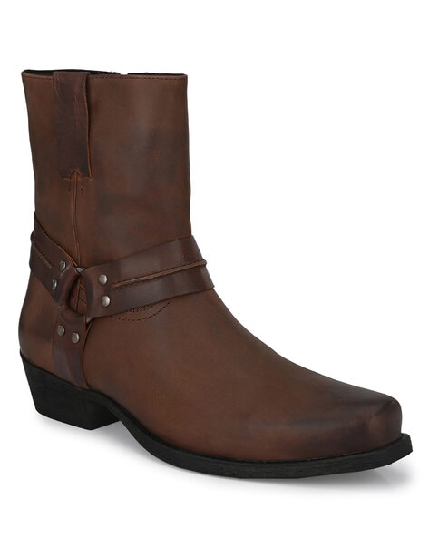 Genuine Leather Plain-Toe Boots