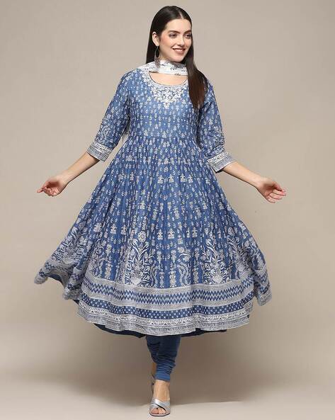 Biba Blue Cotton A-Line Kurta suit set