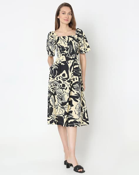 vero moda women printed fit & flare dress VERO MODA Black Printed Fit & Flare Dress