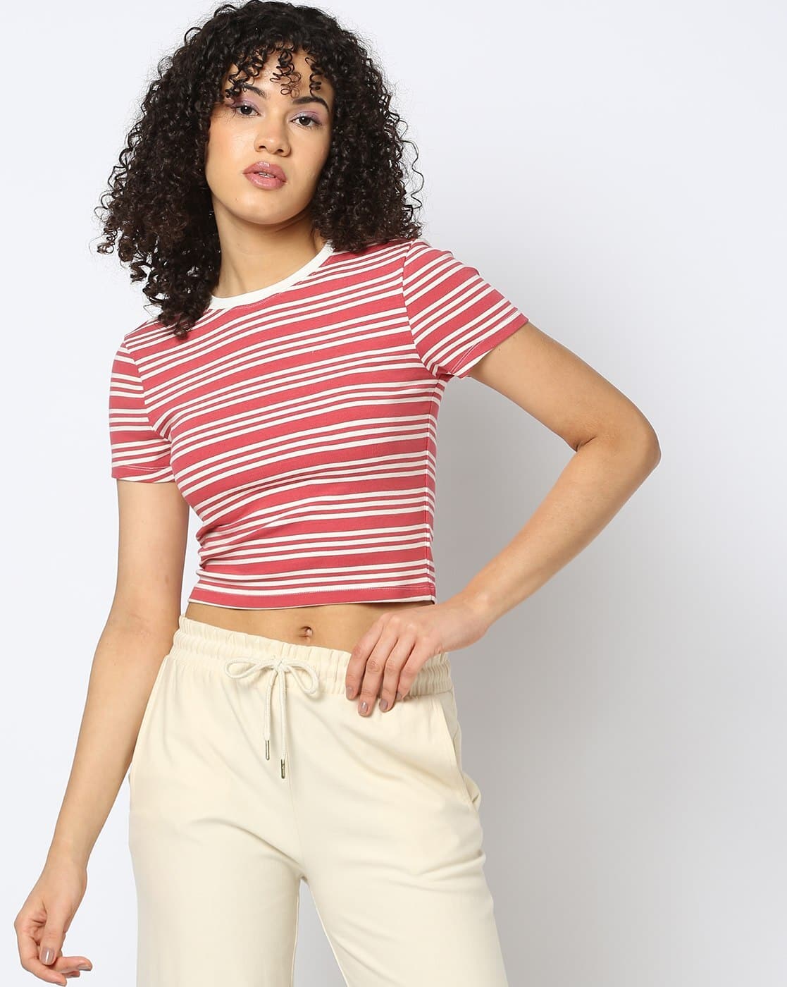 Teamspirit Women Striped Regular Fit Crew-Neck T-Shirt For Women (Rust, XS)