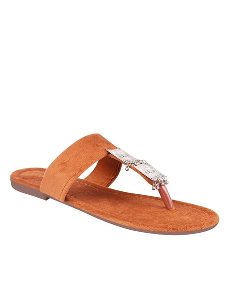 Women T-Strap Flat Sandals with Metallic Accent