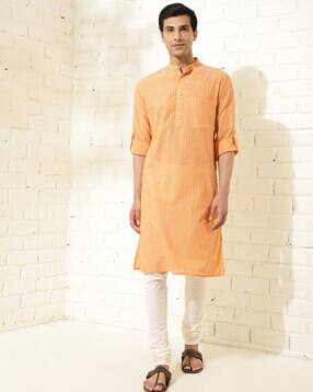 fabindia Men Striped Slim Fit Long Kurta with Mandarin Collar-picture-33
