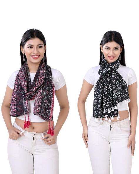 Women Pack of 2 Floral Print Scarfs with Tassels Price in India