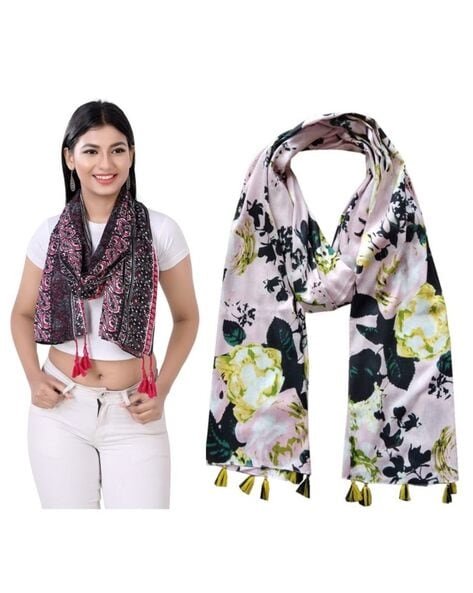Women Pack of 2 Floral Print Scarfs with Tassels Price in India