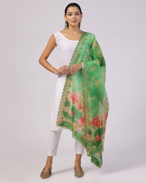 Women Floral Print Dupatta with Scallop Border Price in India