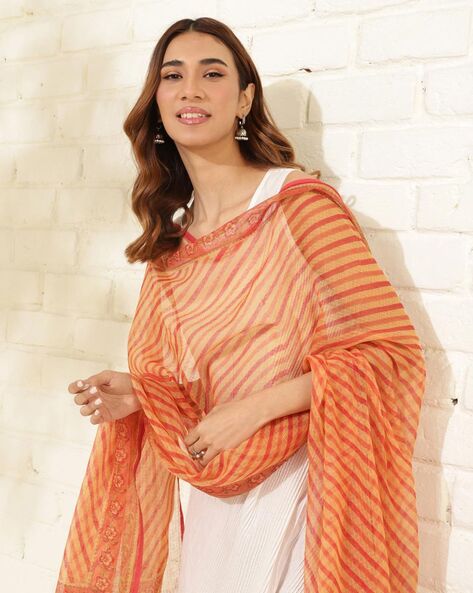Women Striped Cotton Silk Dupatta Price in India