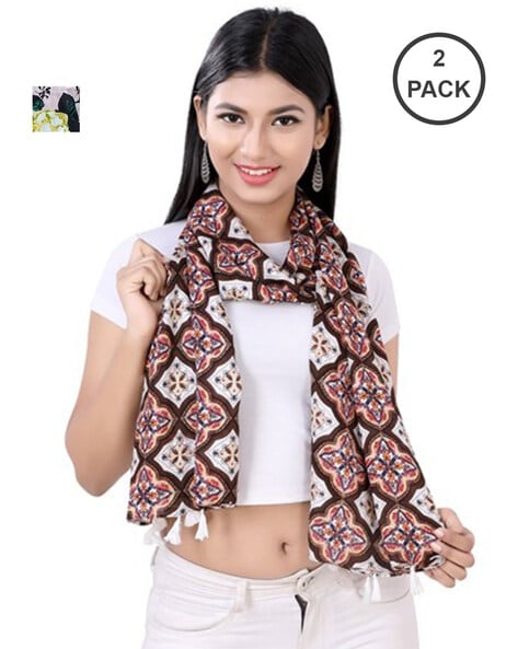 Women Pack of 2 Floral Print Scarves with Tassels Price in India