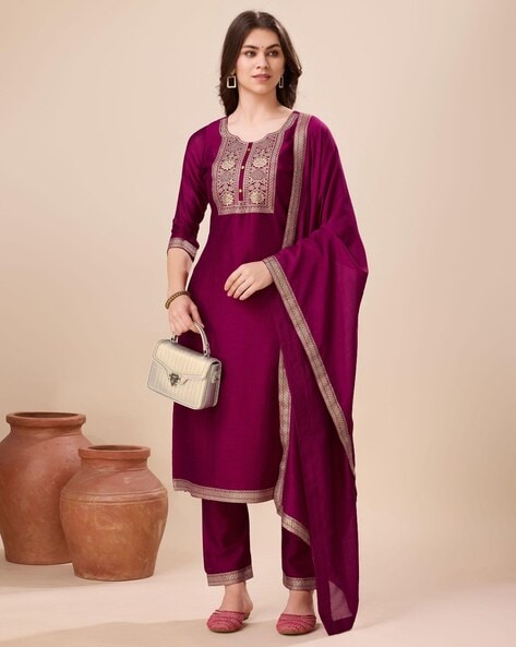 Women Floral Woven Straight Kurta with Pants & Dupatta Price in India