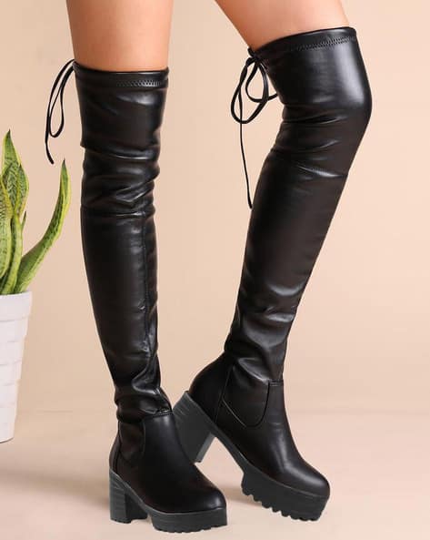 Block Heel Boots Over The Knee Faux Leather Boots Buy Black Boots