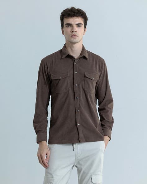 Men Ribbed Regular Fit Shirt with Flap Pockets