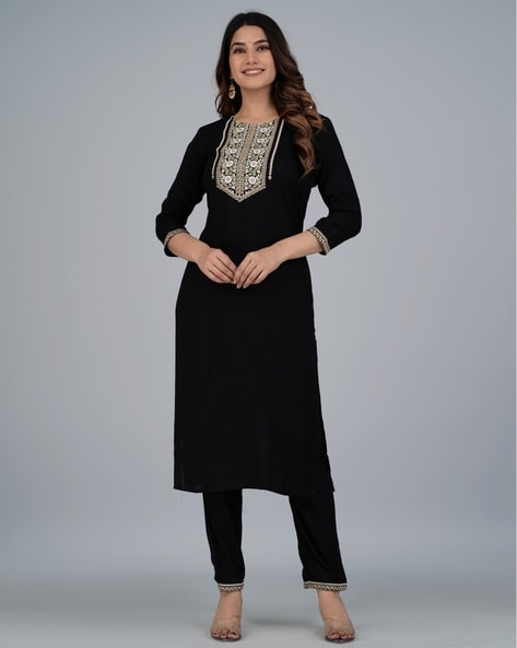 Women Embroidered Straight Kurta Set Price in India