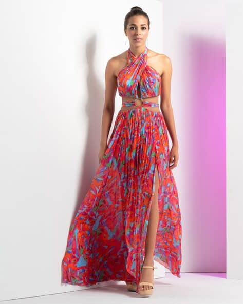 Floral Print Halter-Neck A-Line Dress