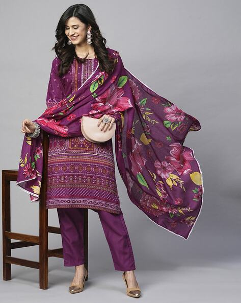 Women Floral Print Straight Kurta Suit Set