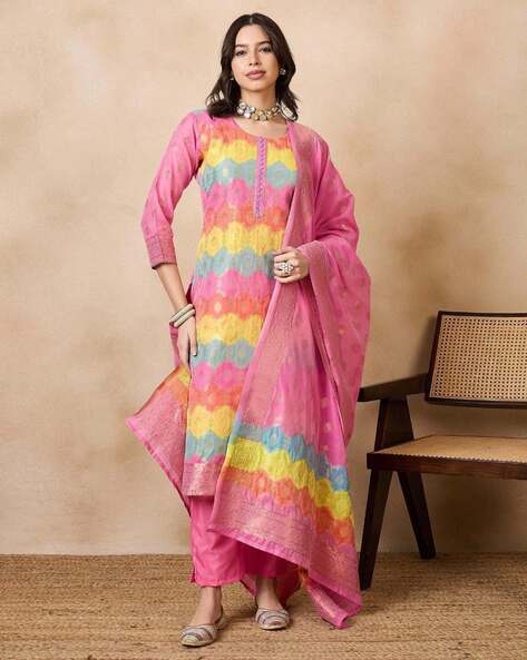 Floral Woven Straight Kurta with Pants & Dupatta Price in India