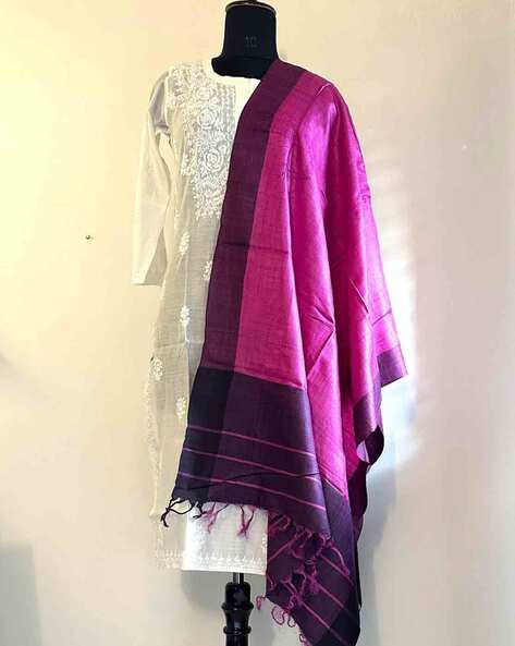 Women Dupatta with Contrast Border & Tassels Price in India