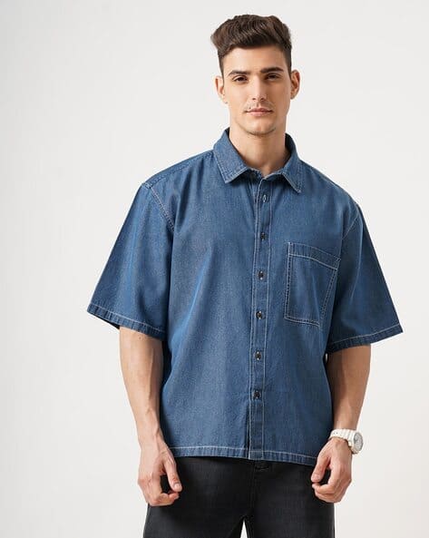 Men Oversized Denim Shirt with Patch Pocket