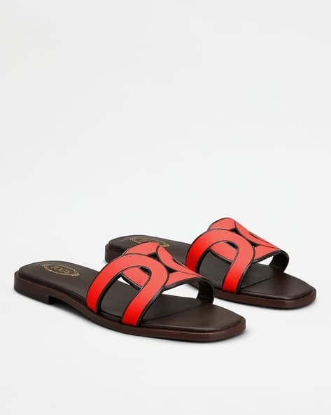 Buy Tod's Leather Flat Sandals | Black & Red Color Women