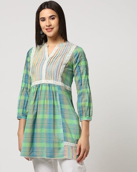 Svrnaa by AZORTE Checked Laced Straight Tunic