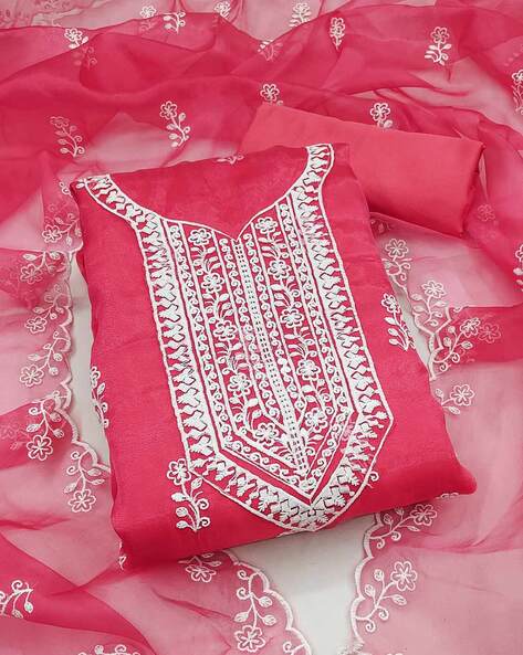 Women Embroidered Organza 3-Piece Dress Material Price in India