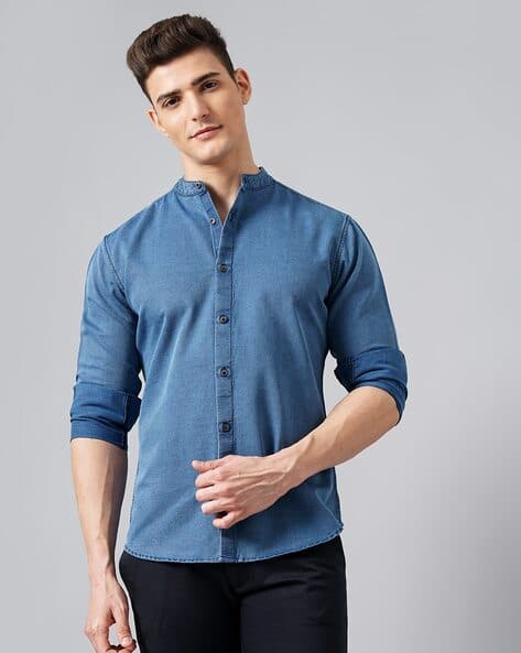 Mandarin Collar Slim Fit Denim Shirt