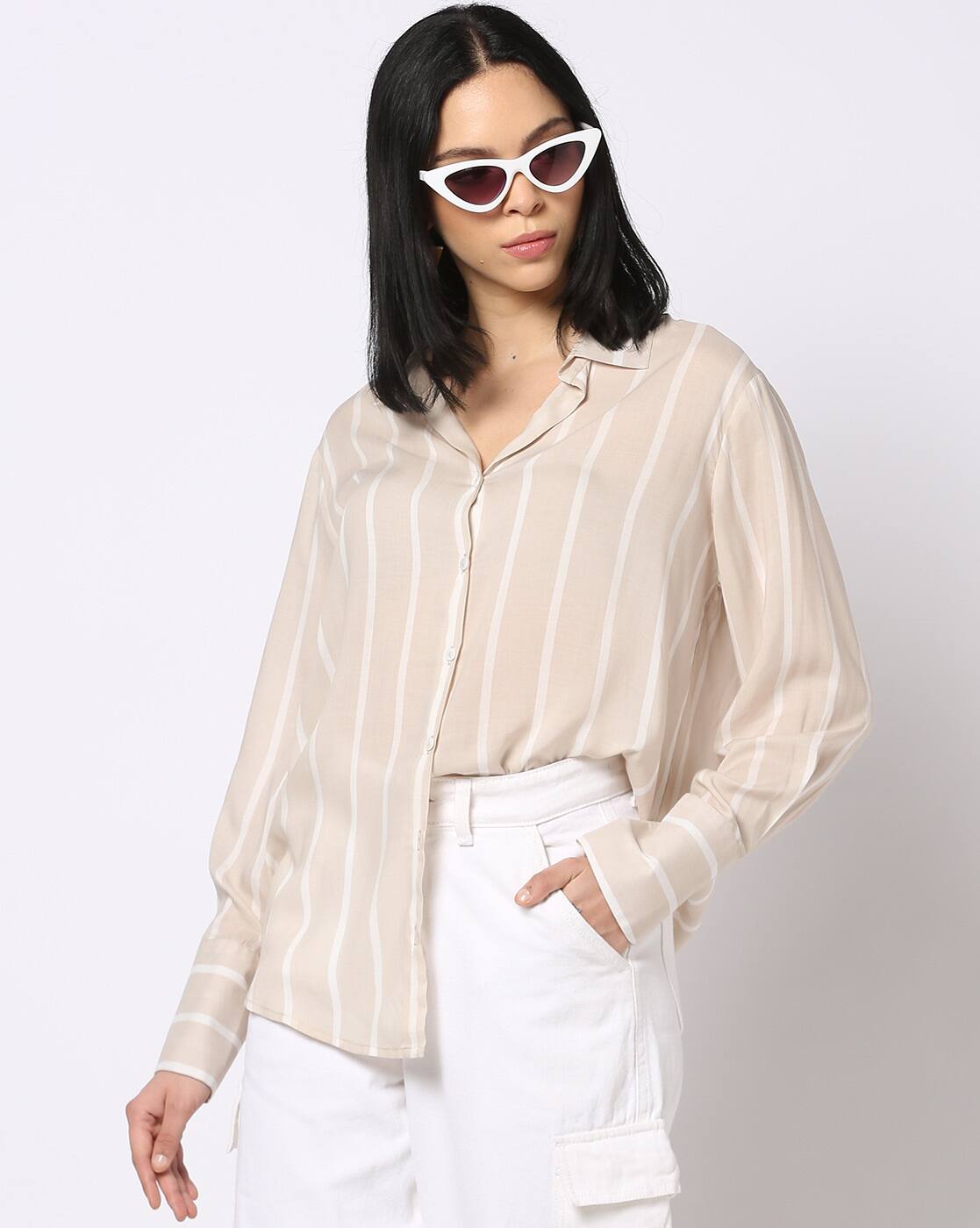 売れ筋商品|||イチ シャツ レディース トップス IXREMI - Button-down blouse - teak w pinst イチ レディース シャツ トップス IXREMI - Button-down blouse