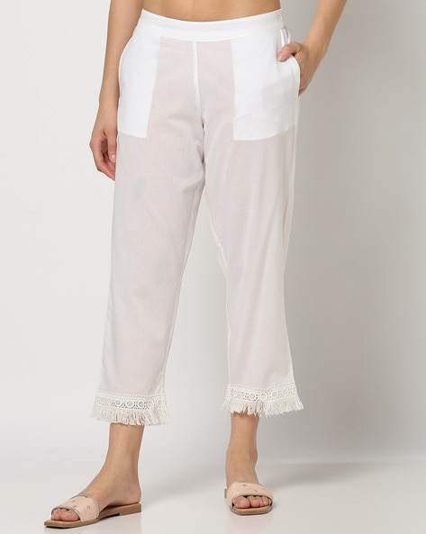 Women Straight Pants with Lace Trims