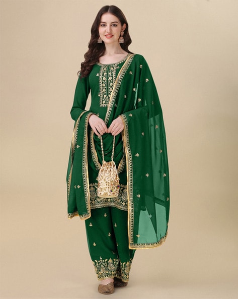 Women Embroidered 3-Piece Semi-Stitched Straight Dress Material Price in India